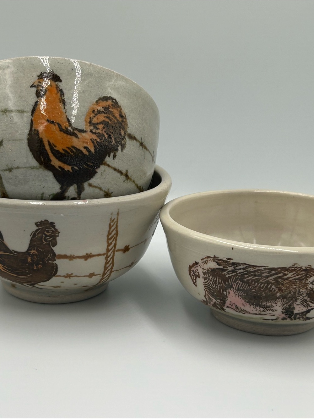 Handcrafted Rooster and Hen, Pig Ceramic Bowls